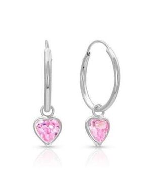 Silver Hoop Earrings with Pink Heart Gemstone Dangles